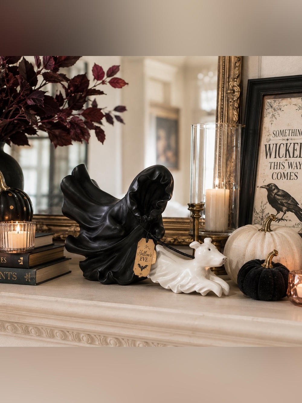 Hallow’s Eve Black Reaper Pulling White Ghost Dog Figurine Halloween HTF